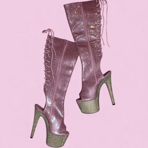 Pink Glitter Platform Knee-High Boots